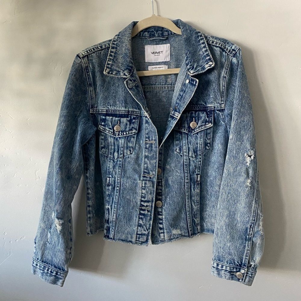 Jean Denim Distressed Acid Wash Raw Hem Jean Jacket